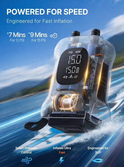 Cordless Paddle Board Pump With Long Battery Life Inflates 4.5 SUPs Up To 20 PSI displaying 15 PSI settings on water background
