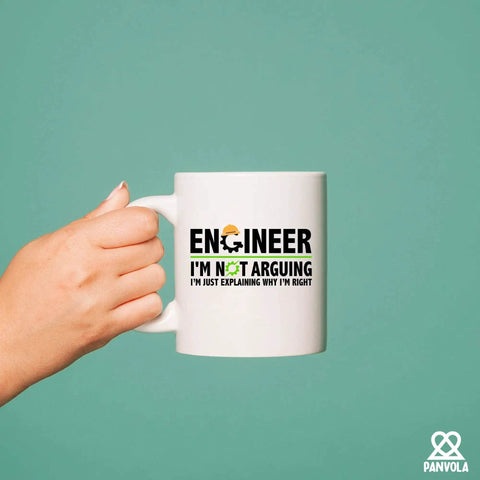 Not Arguing Im Just Explaining Why Im Right Engineer Gift Mug For Coffee Lovers 11 oz Ceramic White with green text held in hand