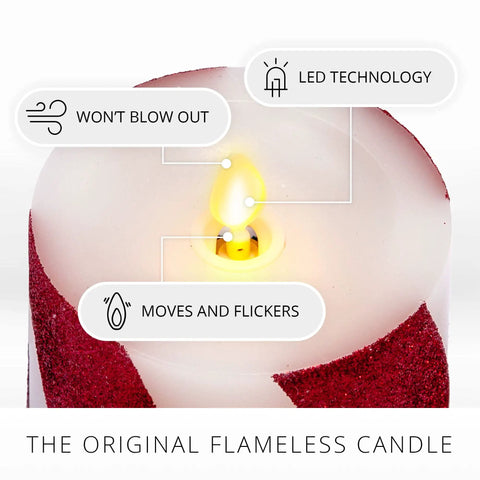 Flameless LED Candy Cane Pillar Candle With Moving Flame, Battery Operated 6.5 Inch Red Glitter Stripe, Unscented Indoor Safe