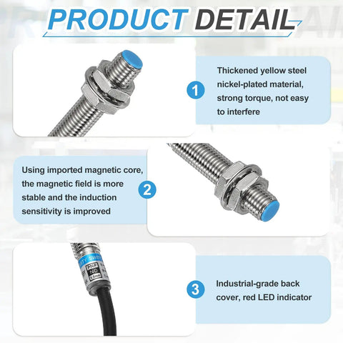 Inductive Proximity Sensor PNP NO M8 DC 6 To 36V 300mA 1.5mm Sensing Range 3 Wire For Industrial Automation Non Contact Metal Detection And Limit Switch Applications Go To Sensor, features detailed close-up with metal casing and LED indicator.