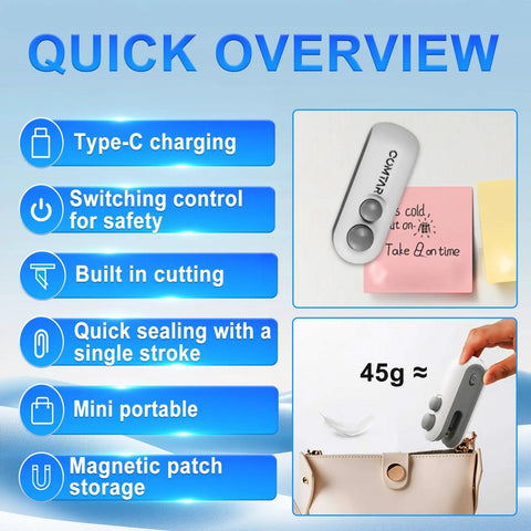 2 In 1 Rechargeable Bag Sealer With Cutter USB C Heat Sealer Resealer For Chips And Snacks Portable Grab And Go Pocket