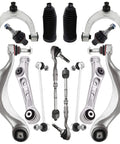 Plug And Play Front Suspension Control Arm Kit For BMW 5 And 6 Series, Includes Upper And Lower Arms, Sway Bar Link, Tie Rod, Rack And Pinion Boot Replacement, Compatible With XDrive Models Like 528i 535i 640i 650i, visible components.