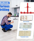 Professional Cabinet Hardware Jig For Handles And Pulls Aluminum Alloy Drilling Template Reusable Mounting Guide For Quick Install With No Sweat Setup And Foolproof Alignment in use on cabinet drawer.