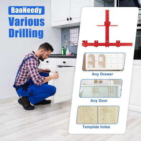 Professional Cabinet Hardware Jig For Handles And Pulls Aluminum Alloy Drilling Template Reusable Mounting Guide For Quick Install With No Sweat Setup And Foolproof Alignment in use on cabinet drawer.