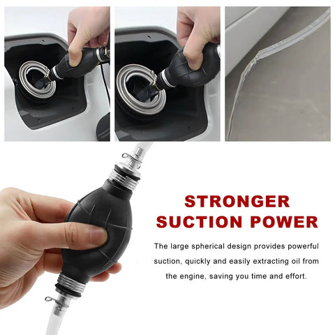 Top Shelf Manual Fuel Transfer Pump With Thick Rubber Bulb And Metal Body shifts gasoline diesel and oil using strong suction power.
