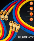 Close-up of color-coded hoses in Pro Grade HVAC Vacuum Pump And Gauge Kit With 4.5 CFM Single Stage Pump For Mini Splits And Auto Systems