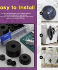 Must Have 50 Piece Round Rubber Spacer Kit in 7 Sizes for Anti Vibration Neoprene Grommets Thick Black Washers displayed with installation examples
