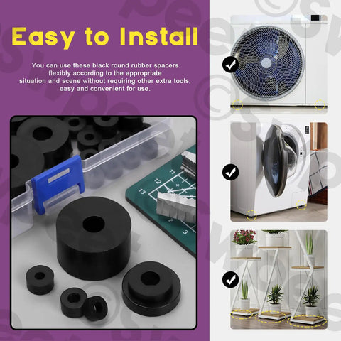 Must Have 50 Piece Round Rubber Spacer Kit in 7 Sizes for Anti Vibration Neoprene Grommets Thick Black Washers displayed with installation examples
