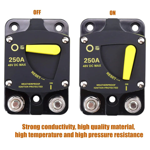 Heavy Duty 250 Amp DC Circuit Breaker For 12V To 48V Systems Waterproof Inline Holder With Manual Reset Switch Surface Mount