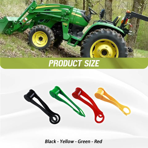 Side view of a John Deere tractor with HQPARRTS 8-pack hydraulic fitting coupler protective covers in black, yellow, green, and red.