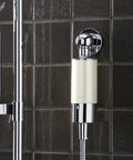 Shower Filter System For Hand Showers, Chlorine And Odor Reduction, Skin And Hair Friendly, Polished Chrome on tile wall