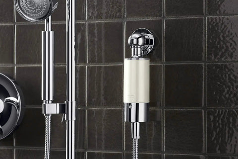 Shower Filter System For Hand Showers, Chlorine And Odor Reduction, Skin And Hair Friendly, Polished Chrome on tile wall