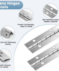 Diagram showing 12 Inch Stainless Steel Piano Hinges 2 Pack with Countersunk Holes and screws, highlighting thickness and rust-proof material.
