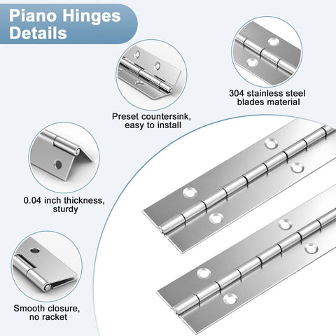 Diagram showing 12 Inch Stainless Steel Piano Hinges 2 Pack with Countersunk Holes and screws, highlighting thickness and rust-proof material.
