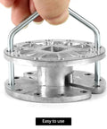 Hand holding aluminum tensioner from 20 Pack Aluminum Fence Tensioners Inline Quick Tension Strainers for Electric and Farm Fences Universal 5mm Wire Fit Rust Resistant Durable U Shaped Pin System Easy to Install and Long Lasting