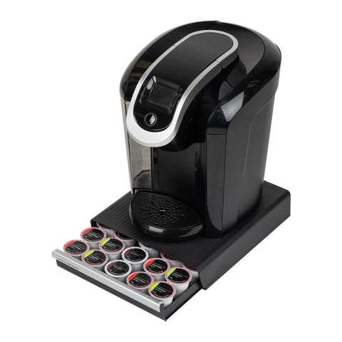 Pod Drawer Organizer For Single Serve Coffee Pods Holds 30 Pods In Five Fixed Rows With Two Inch Spacing Countertop Black 10.5 By 12.75 By 2.5 Inches Keeps Pods Neatly Organized For Quick Grab And Go Access under coffee maker