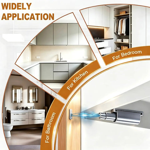 Push To Open Magnetic Cabinet Latch Set Eight Pack Gray installed in kitchen, bathroom, bedroom showcasing versatility and sleek design