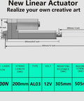Dimensions and specifications of the Rugged 12V Stroke Linear Actuator With 660 Lbs Thrust 5 mm Per Second Speed IP54 Waterproof 8 Inch Travel.