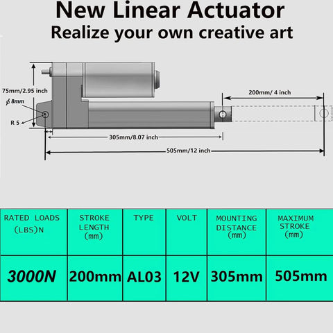 Dimensions and specifications of the Rugged 12V Stroke Linear Actuator With 660 Lbs Thrust 5 mm Per Second Speed IP54 Waterproof 8 Inch Travel.