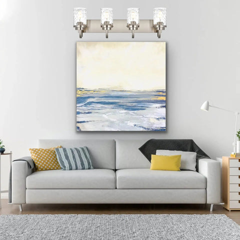 Dope 31 Inch Brushed Nickel Vanity Light Fixture With Hammered Glass Shade above a sofa and painting