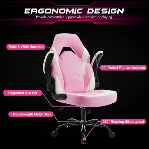 Pink And White Gaming Desk Chair With Ergonomic Lumbar Support PU Leather Flip Up Armrests Height Adjustable 360 Degree Swivel Wheels