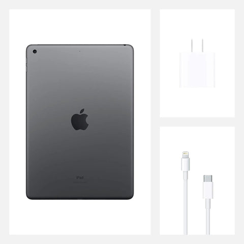 Top Shelf 10.2 Inch Retina Display Tablet Equipped With A12 Bionic Chip And Snappy Neural Engine For Flawless Streaming And Effortless Multitasking In Sleek Space Gray with charger and cable.