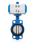 Front view of UNOX pneumatic butterfly valve, wafer type DN125 5-inch, stainless steel disc with EPDM seat, blue body.