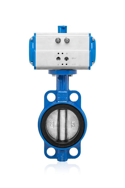 Front view of UNOX pneumatic butterfly valve, wafer type DN125 5-inch, stainless steel disc with EPDM seat, blue body.