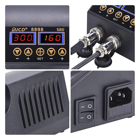 Front panel and connections of 2 In 1 750W Hot Air Soldering System With LCD Display For PCB SMD BGA IC Repair Rework Cell Phone Solder Iron And Hair Dryer Function 100C To 480C Temperature Range 150 Lpm Air Flow