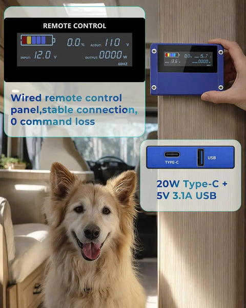 Hand holding remote control panel for Beefy 3000 Watt Pure Sine Wave Inverter For Vehicle RV Truck And Off Grid Power