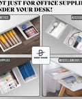 Under Desk Drawer Organizer 2 Pack With Slide Out Storage for pens, cables, cosmetics, and office items, adhesive mount, shown under desk.