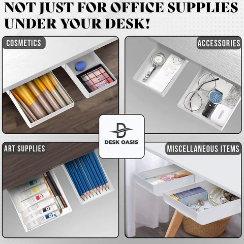 Under Desk Drawer Organizer 2 Pack With Slide Out Storage for pens, cables, cosmetics, and office items, adhesive mount, shown under desk.