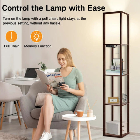 Floor Lamp With Shelves And LED USB Type C Ports Built In AC Outlet Three Color Temperatures Storage Display Walnut Wood Column Tall Standing Lamp For Living Room Bedroom Or Office beside a woman reading on a sofa in a cozy room.