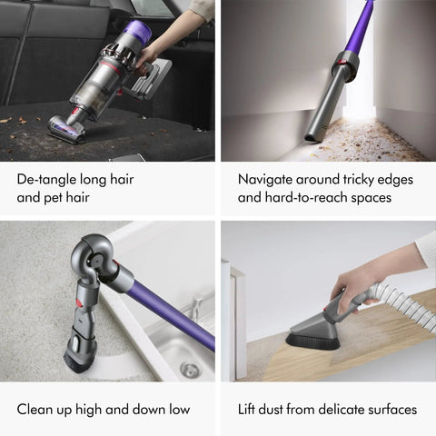 V11 Extra Cordless Vacuum Cleaner With Up To 60 Minutes Run Time, 60 Percent More Suction, showing versatility on surfaces