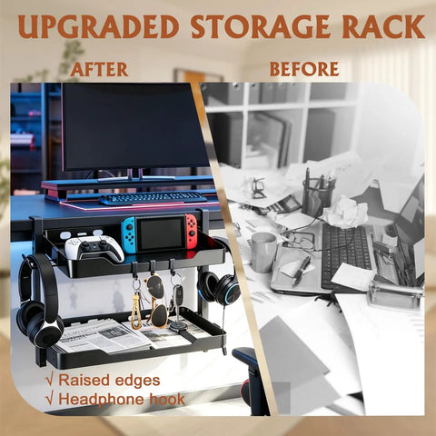 Two-Tier Clamp-On Desk Shelf And Organizer For Under Desk Storage With Hooks And High Load-Bearing Capacity, organizing desk items