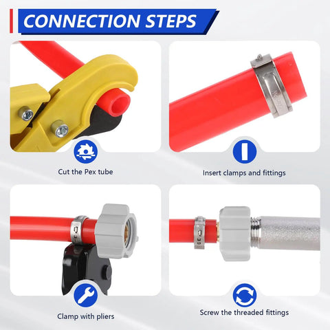 Half Inch PEX To Female NPT Swivel Brass Crimp Adapter No-Lead Fitting, PEX-B Compatible, 360 Degree Swivel Nut For Easy Install And Flex, Heavy-Duty Nylon Nut, Corrosion Resistant, 4-Pack showing PEX connection steps