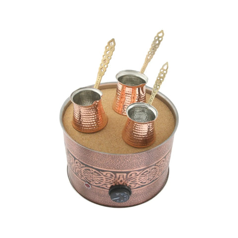 Traditional Copper Turkish Coffee Maker With Pot Set For Electric Sand Heating 110 230V Medium Round Ottoman Style Cool Copper Vibe Perfect For Coffee Or Tea Comes In Three Size Options