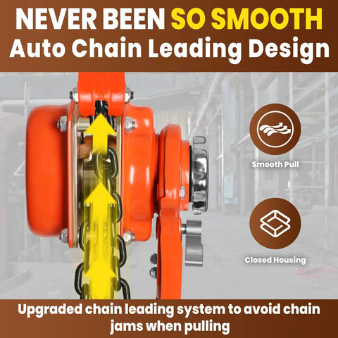 Side view of 6 Ton Manual Lever Chain Hoist with 10 Foot Lift and 2 Hooks, showcasing smooth operation in industrial setting.