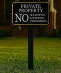 2 Pack No Trespassing And No Soliciting Keep Out Sign Set For Private Property With Stake 14x10 Inches Stands About 37 Inches Tall UV Printed Fade Resistant Aluminum For Home Driveway CCTV Security sign on lawn at night