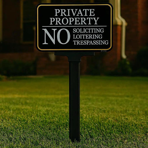 2 Pack No Trespassing And No Soliciting Keep Out Sign Set For Private Property With Stake 14x10 Inches Stands About 37 Inches Tall UV Printed Fade Resistant Aluminum For Home Driveway CCTV Security sign on lawn at night