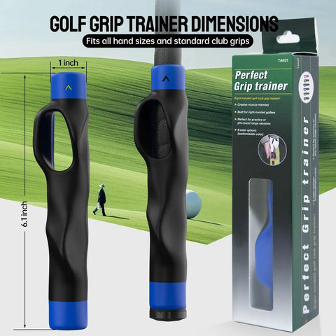 Golf Grip Trainer Right Hand With Ergonomic Design To Correct Grip Posture, Blue, 1 Pack with packaging and size dimensions