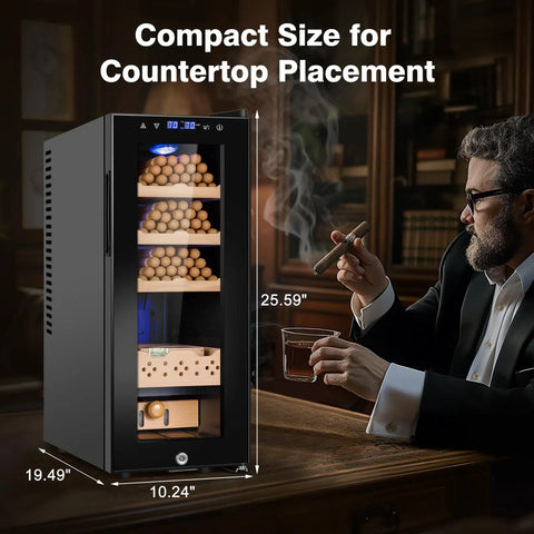 Electric Cigar Humidor Cabinet With 35L Capacity Precise Temperature And Humidity Control on a countertop beside a man smoking a cigar