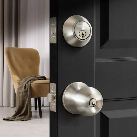 Entry Door Knob Deadbolt Combo Lock Set With Six Keys Satin Stainless Steel Six Pack Adjustable Latch Easy Install Keyed Differently Per Lock