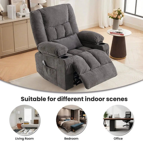 Oversized Recliner Chair For Adults with Vibration Massage, Lumbar Heating, Cup Holder, USB Charge Port in Living Room Setting