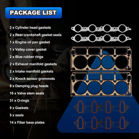 All In One Full Cylinder Head Gasket Kit For 4.8L And 5.3L V8 Trucks And SUVs Like Silverado Tahoe Suburban Express Sierra Savana Yukon And Buick Escalade Replacement kit components overview.