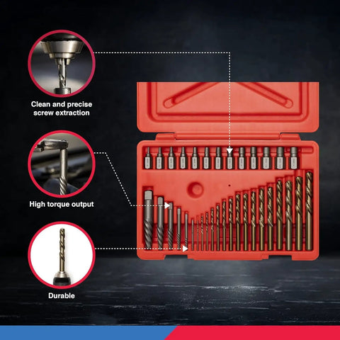 Ultimate Heavy Duty Screw And Bolt Extractor Kit With Multispline And Spiral Extractors Left Hand Drill Bits in red case