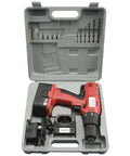 Hardcore 18V Cordless Drill With Rock Solid Keyless Chuck And 16 Click Torque Dial Reversible Motor Plus Complete Battery Kit And Rugged Carry Case shown in storage case with bits and charger.