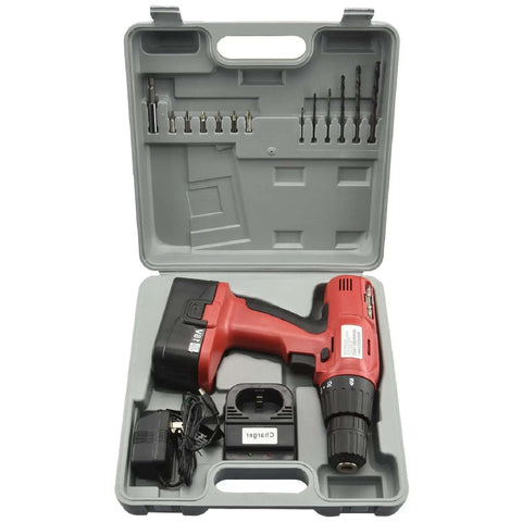 Hardcore 18V Cordless Drill With Rock Solid Keyless Chuck And 16 Click Torque Dial Reversible Motor Plus Complete Battery Kit And Rugged Carry Case shown in storage case with bits and charger.