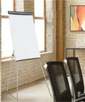 Melamine Presentation Easel With Whiteboard And Flipchart, 3 By 2 Feet, Gray Frame, Stands Nearly 75 Inches Tall, Non Magnetic Surface, Easy Setup Grab And Go Top Clamp For Standard Pads, Tripod Base in an office setting.
