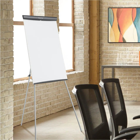 Melamine Presentation Easel With Whiteboard And Flipchart, 3 By 2 Feet, Gray Frame, Stands Nearly 75 Inches Tall, Non Magnetic Surface, Easy Setup Grab And Go Top Clamp For Standard Pads, Tripod Base in an office setting.